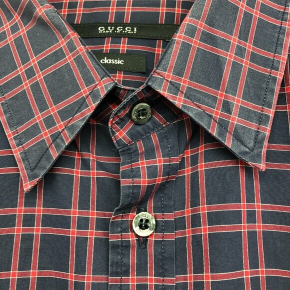 Gucci Men's Burgundy Plaid Checkered Long Sleeve Button Up Cotton Shirt size 17 - Picture 11 of 14
